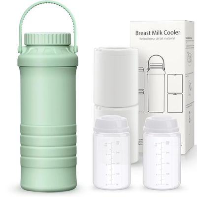 持ち運び可能な母乳冷却器 屋外用,24時間360°総冷却を備えた生命救助機,大容量旅行用 母乳冷却器 母乳貯蔵用の2個小児用瓶付き,緑色