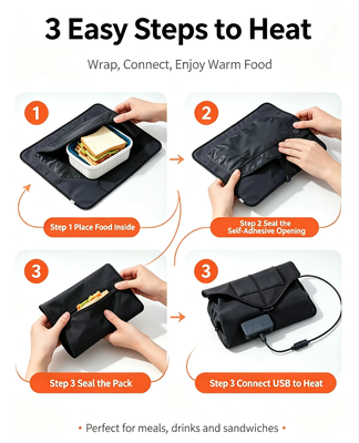 USB入力と自己粘着表面を持つポータブル食品加熱バッグ,屋外での様々な梱包食品容器の安全な便利な加熱のために