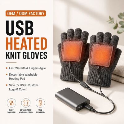 USB加熱ニットグローブ、取り外し可能なベルクロ加熱パッド付き5V指なし冬用グローブ、40-50℃の一定の暖かさ、過熱保護、CE FCC RoHS、カスタムカラーロゴとパッケージ